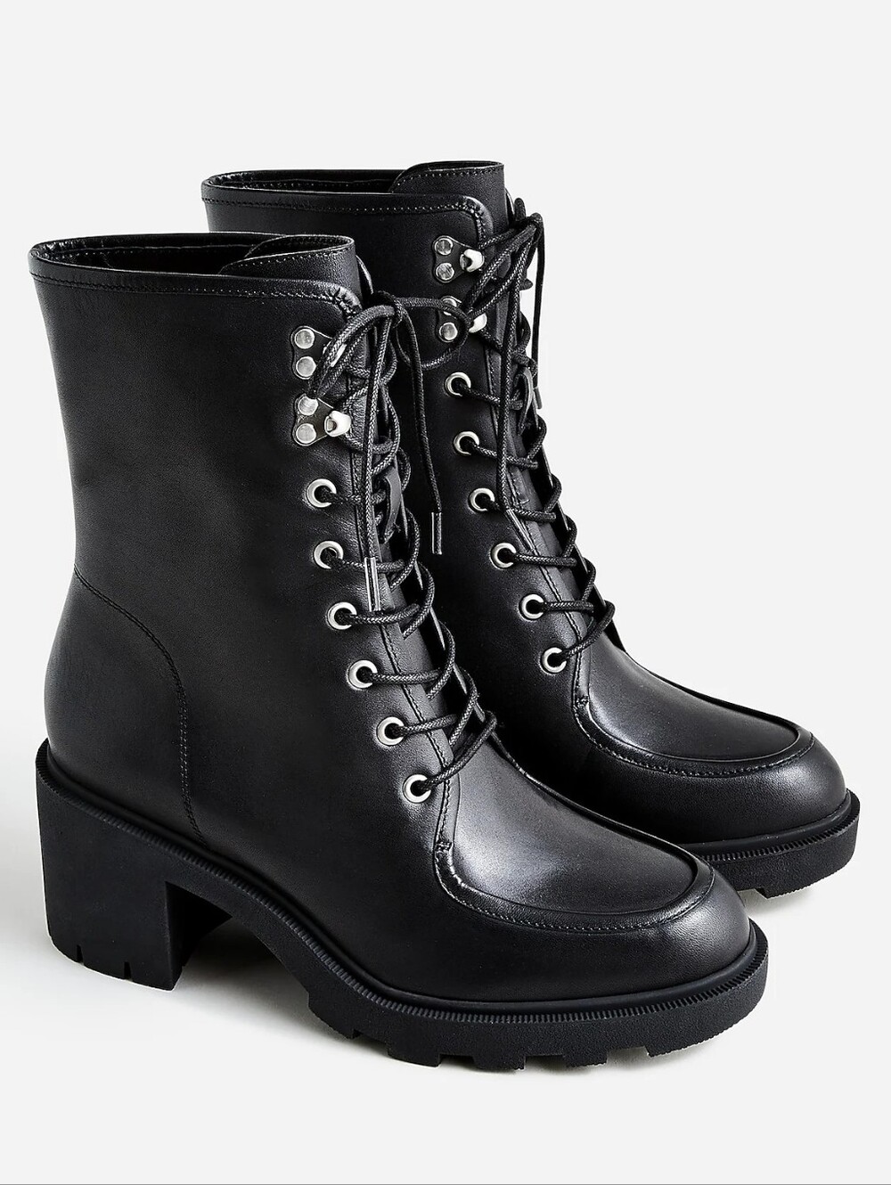J Crew Womens Lace-Up Ankle-Heel Boots Black Leather Chunky Platform Moto Size 8